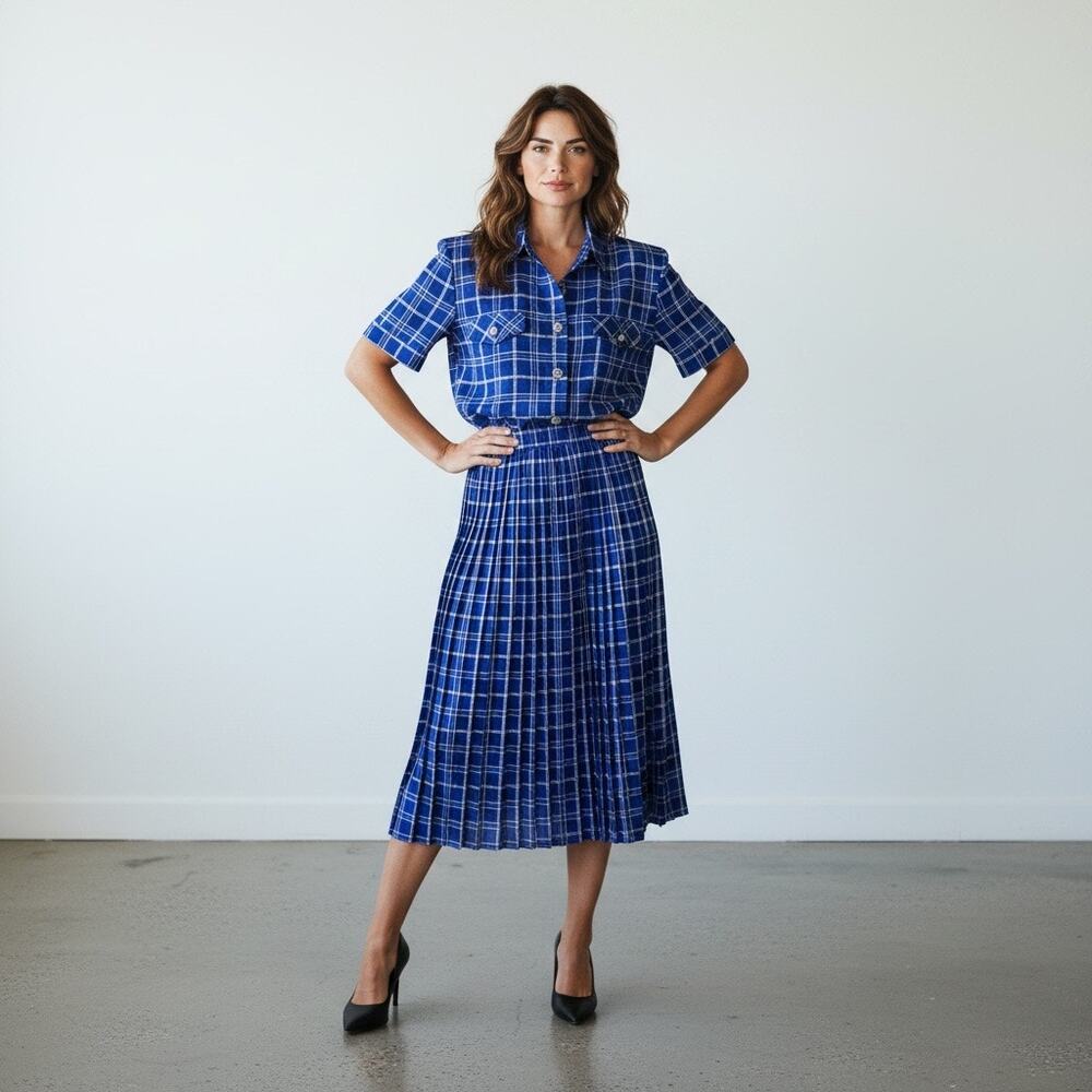 Vintage Leslie Fay Shirt Dress Size 12 Blue White Windowpane Plaid Elastic Waist
